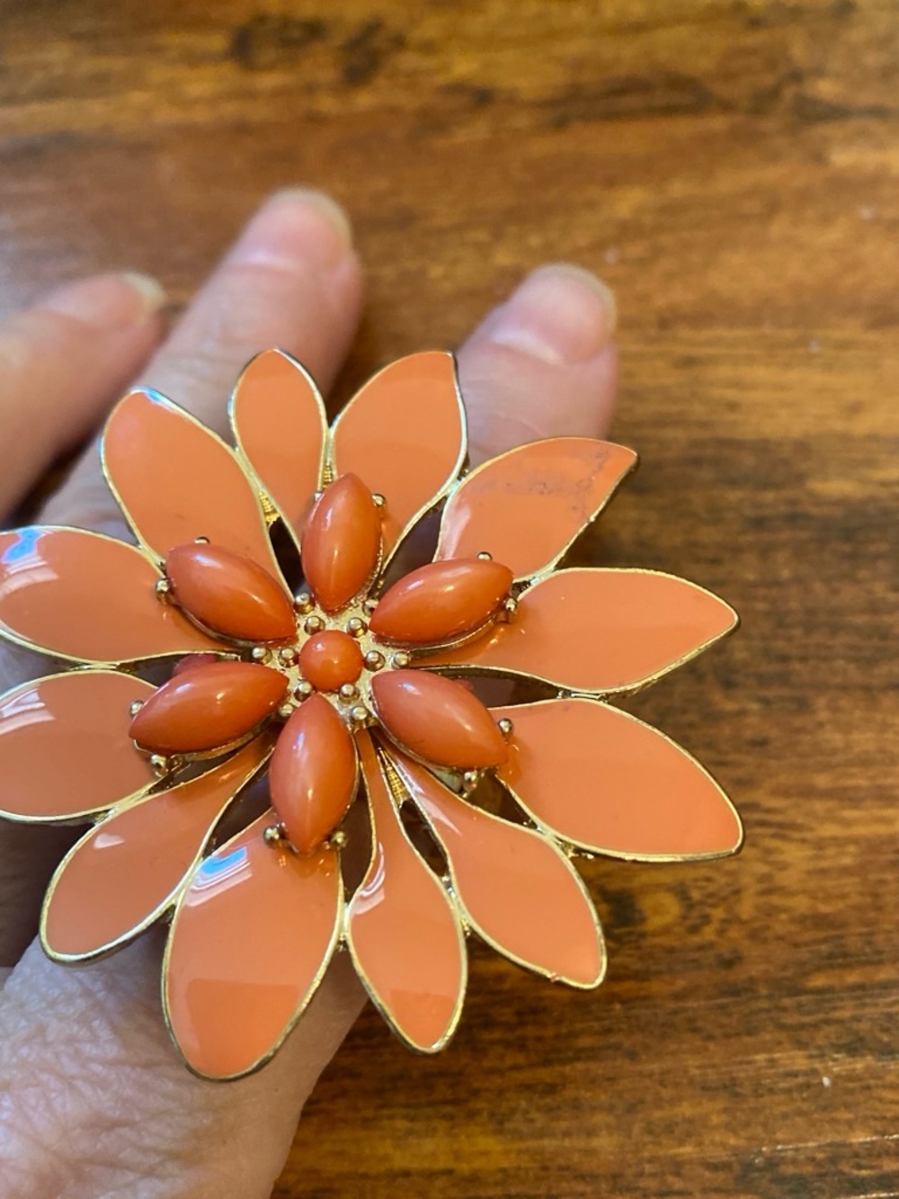 Floral Statement Ring - Coral Orange Flower Design expandable